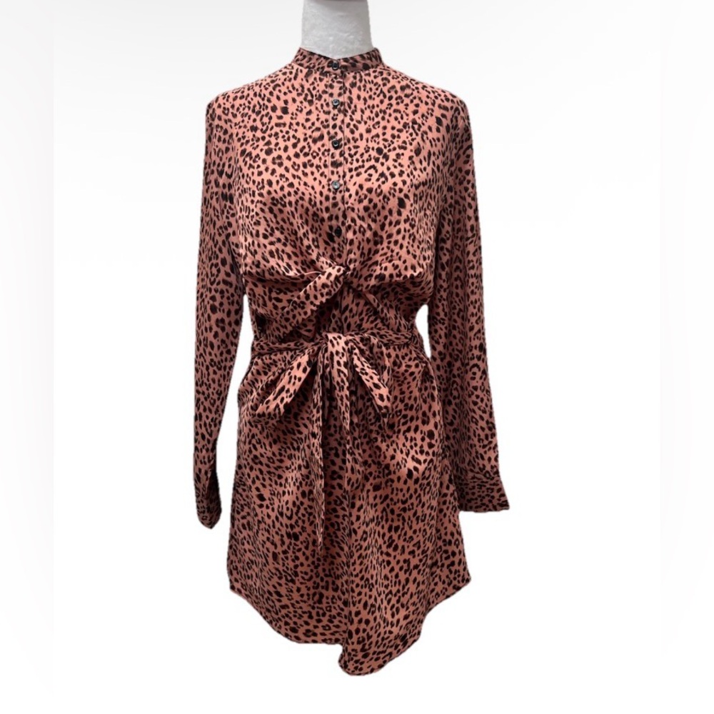 Pink Leopard Print Tie Waist Collarless Shirt Dress 4 - Picture 2 of 7
